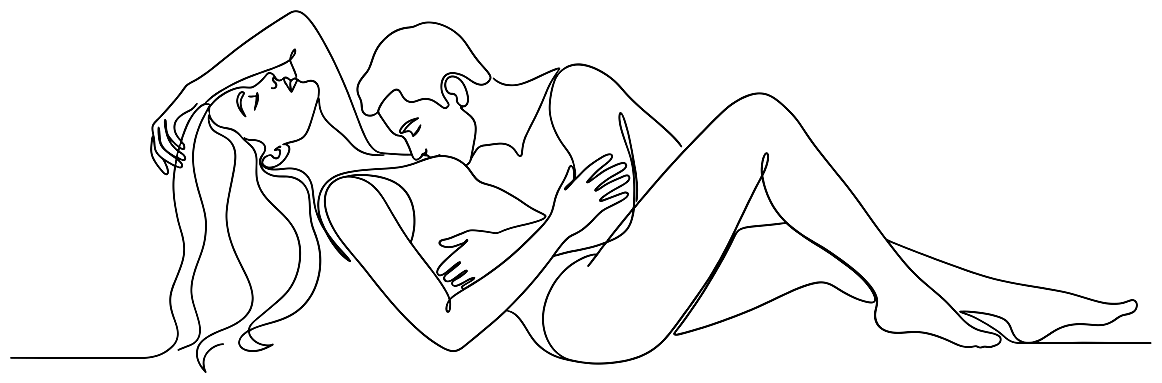 Line drawing of a naked couple lying together, his lips on her chest