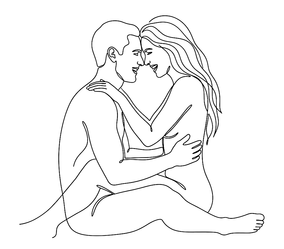 Line drawing of a couple sitting together and laughing
