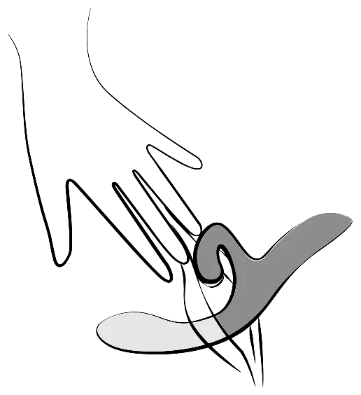 Line drawing of a hand holding a curved vibrator